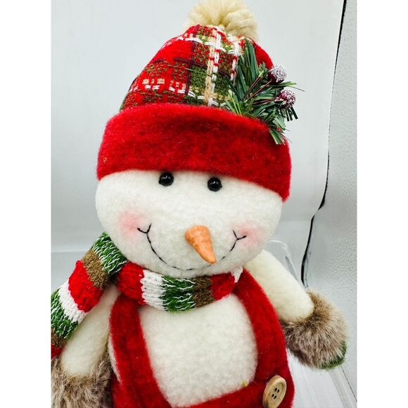 Christmas Snowman Plush Shelf Sitter Red Plaid Hat Beaded Legs Holiday Decor - Picture 7 of 10